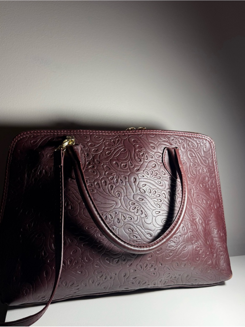 Genuine Leather Bordeaux Satchel Handbag with Top Handles